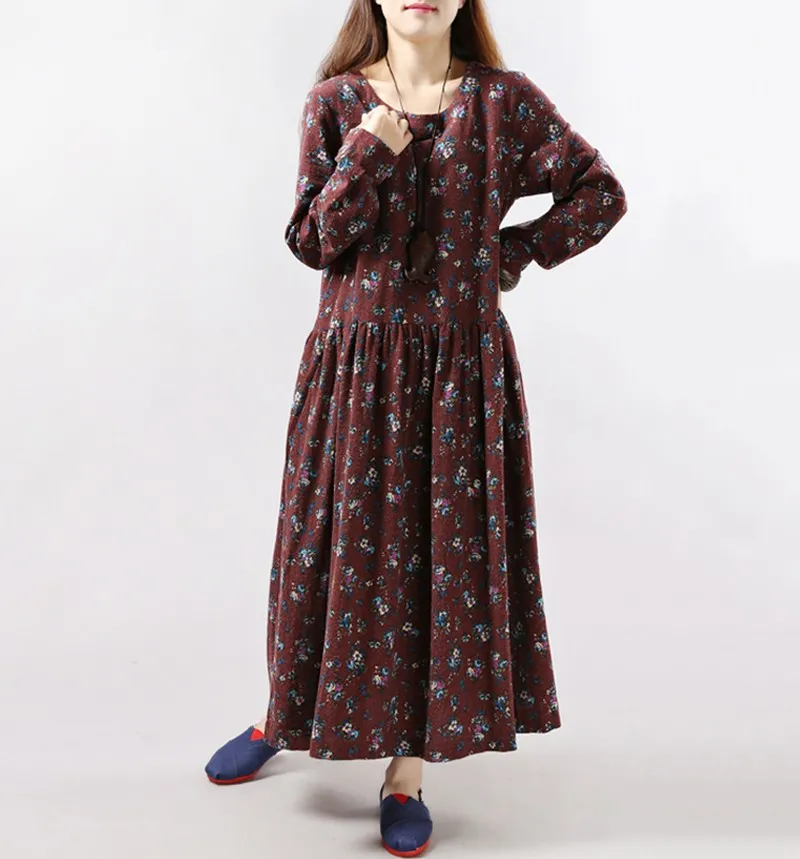 2017 novo estilo outono inverno mulheres vestidos de impressão do vintage ocasional manga comprida de algodão de linho maxi dress balanço floral tamanho grande dress