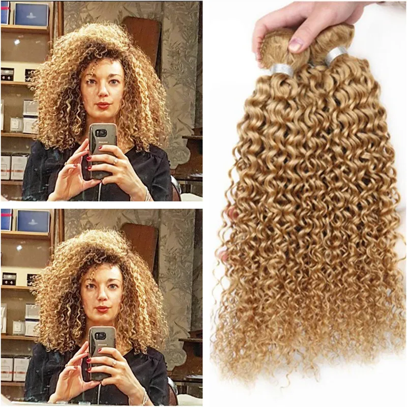 #27 Honey Blonde Deep Curly Human Hair Weaving Brown Blonde Hair Extensions Blonde Kinky Curly Brazilian Virgin Hair Weave Bundles 