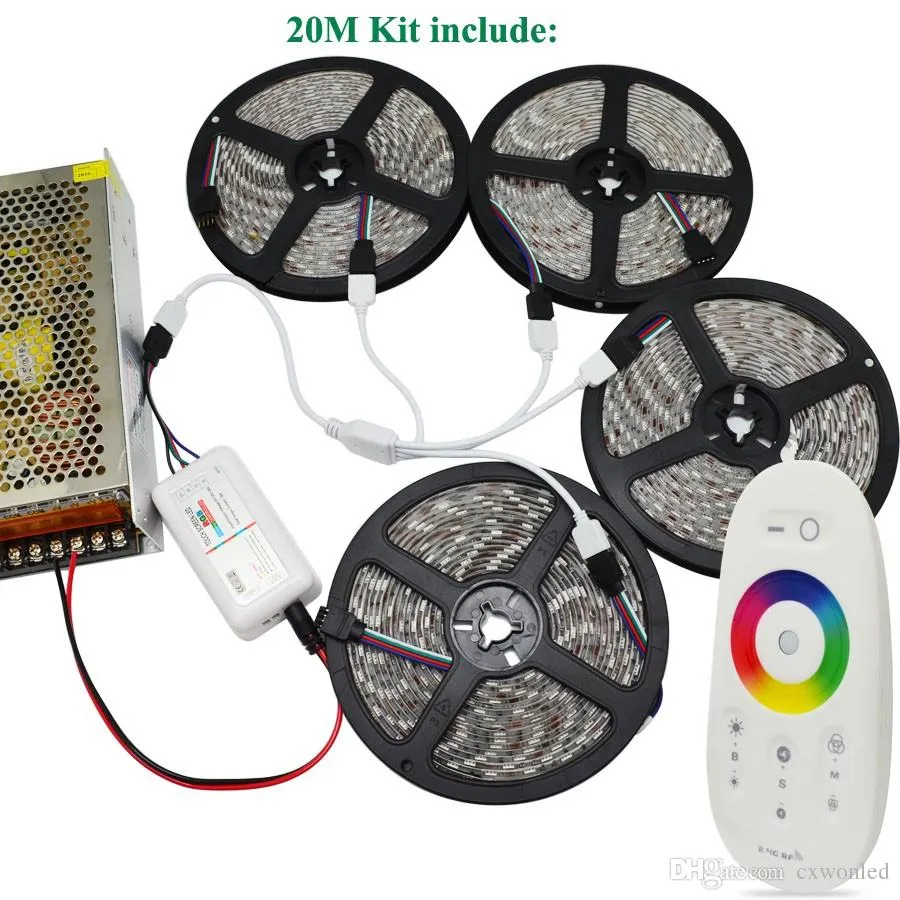 DC12V SMD 5050 RGB LED الشريط 60LED / M شريط مرنة 5 متر 10 متر 15 متر 20 متر + rf اللمس تحكم عن بعد + محول الطاقة