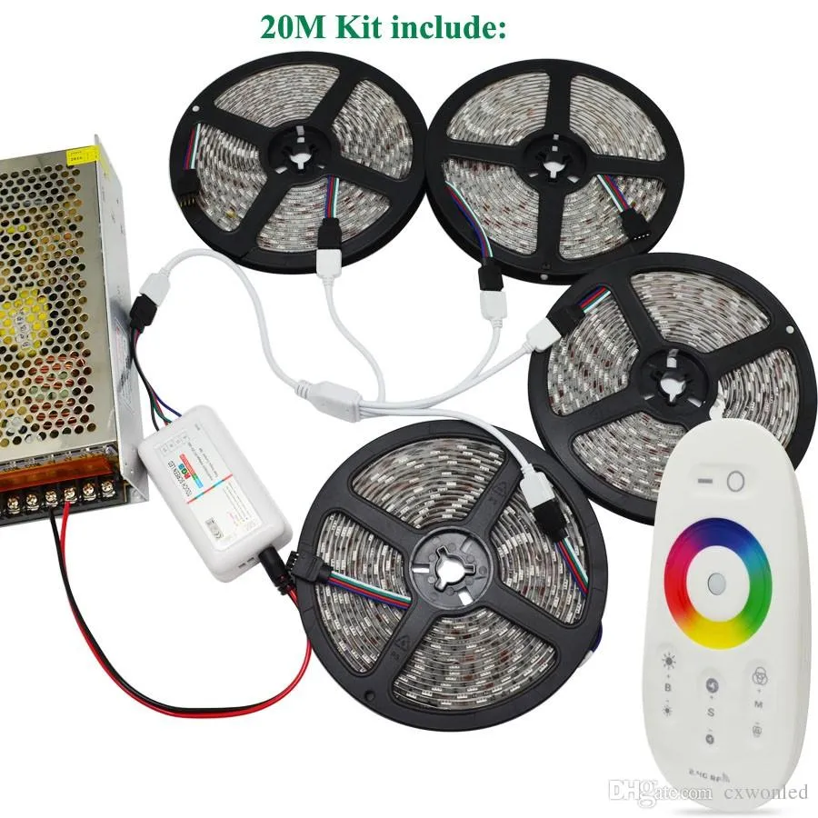 DC12V SMD 5050 RGB LED Tira 60LED / M Fita Flexível 5m 10m 15m 20m + RF Toque Controlador Remoto + Fornecimento Adaptador de Energia