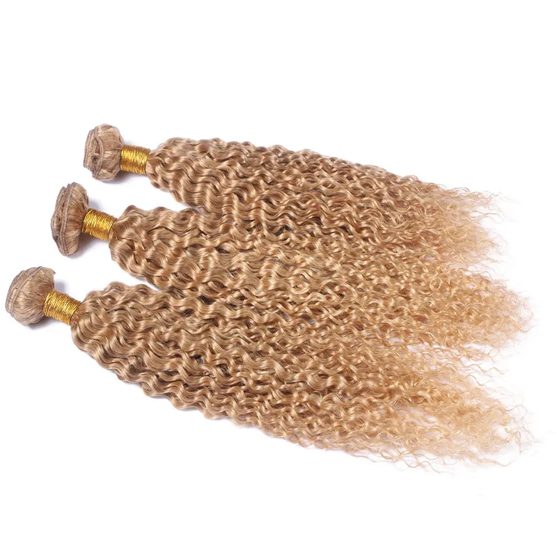 Capelli umani Ombre biondo miele indiano intrecciati con frontale da orecchio a orecchio ricci crespi 27 biondo fragola 3 pacchi con pizzo pieno 13x43851004