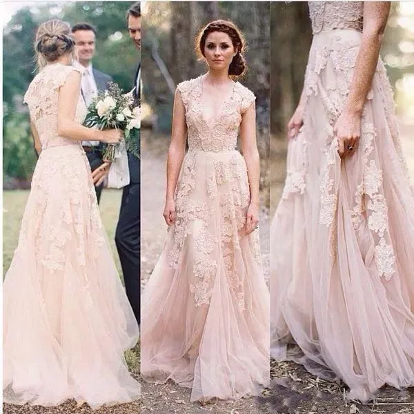 Vestidos de noiva de renda vintage champanhe sweetheart babados de pano de noiva Manga de calda de pescoço profundo em camadas de pescoço reem acra vestidos de noiva