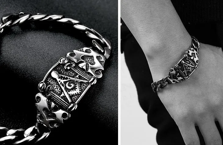 Neues Edelstahl-Freimaurer-Siegel-Freimaurer-Gliederkettenarmband, Freimaurer-Männer-Retro-Silber-Antike-Gothic-Punk-Armband mit schwarzem Öltropfen-Schmuck für Männer