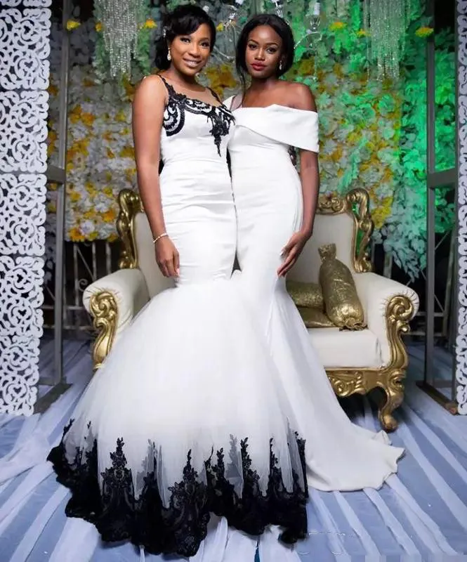 Preto e branco sereia vestidos de casamento sul africano puro laço apliques vestidos nupciais cetim tule varrer trem vestidos de casamento