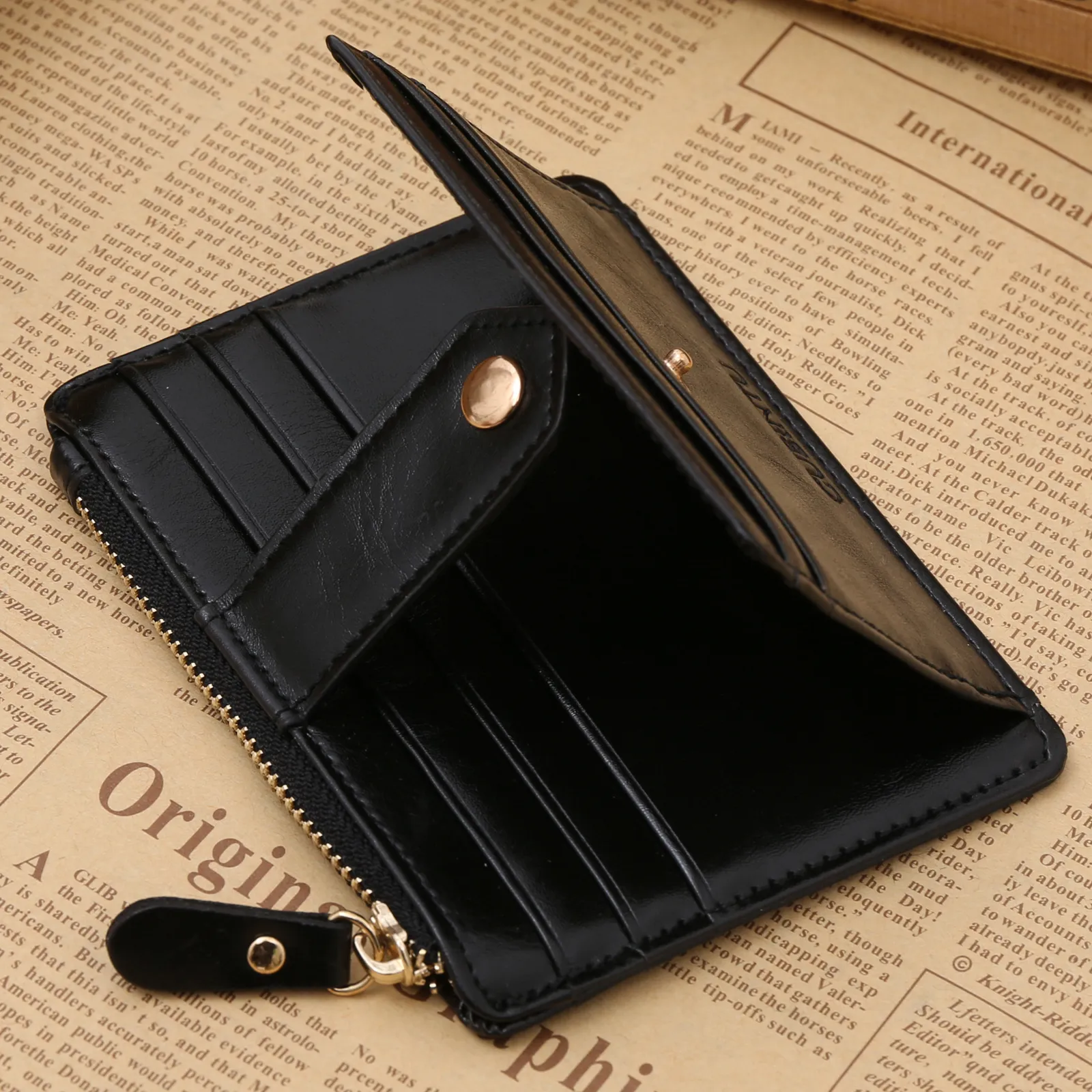 hot sale zipper coin purse magnet short bifold super Slim simple retro pu leather card holder