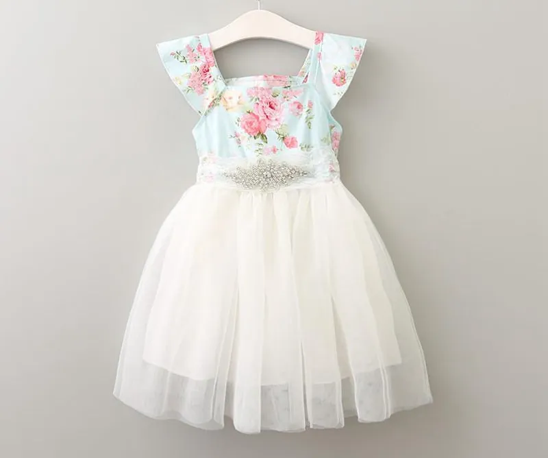 Vestito da bambina con stampa floreale per bambini Vestito con pizzo estivo per bambina con diamante Tulle Abito da principessa con maniche in cristallo con scollo a barchetta. Abiti da festa