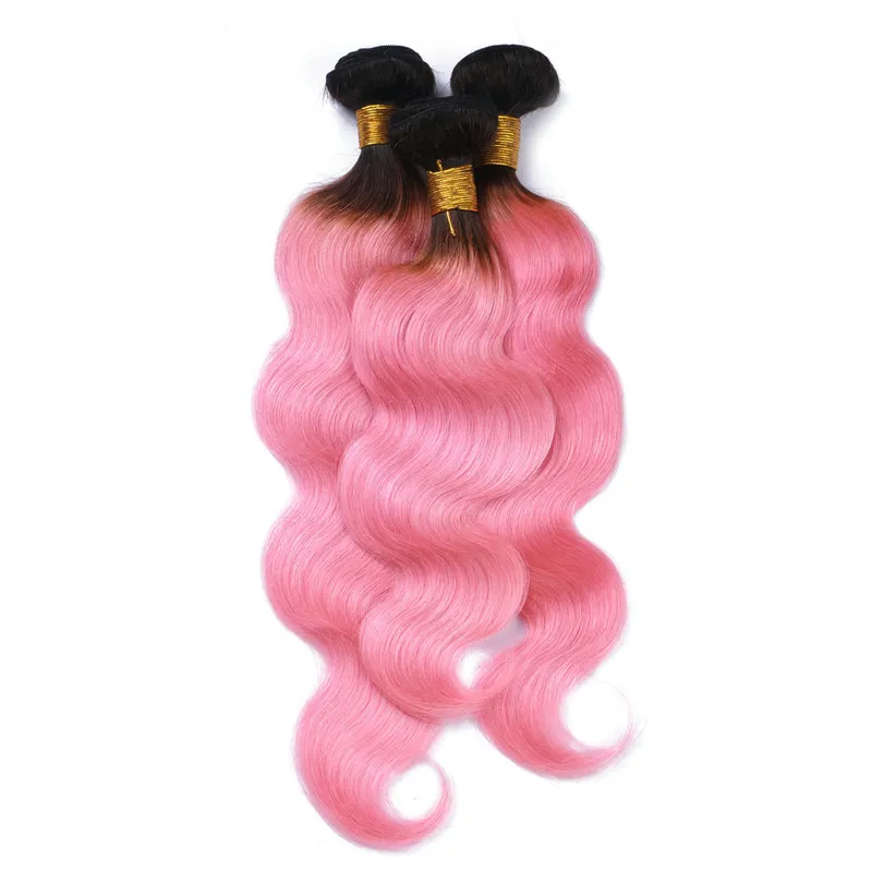 Two Tone 1BPink Ombre 13x4 Lace Frontal Closure With 3 Bundles Body Wave Dark Roots Pink Ombre Brazilian Virgin Hair With Frontal73016038