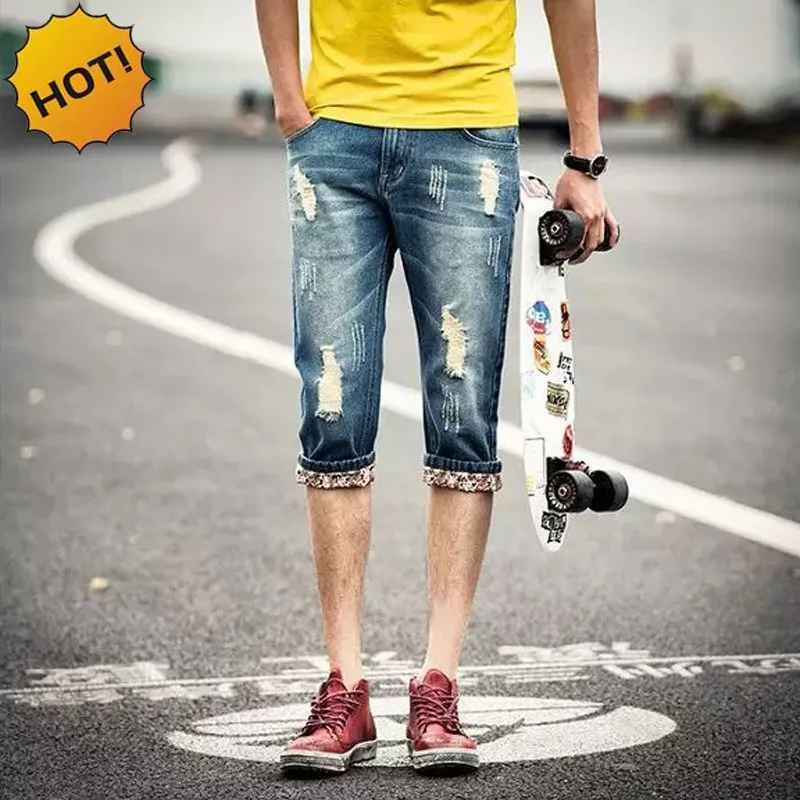 Wholesale-Fashion Teenagers Boy Hole Ripped Cottom Jeans Men Slim Fit Hip Hop Cowboy Capri Pants Light blue Retro Cropped Trousers 28-34