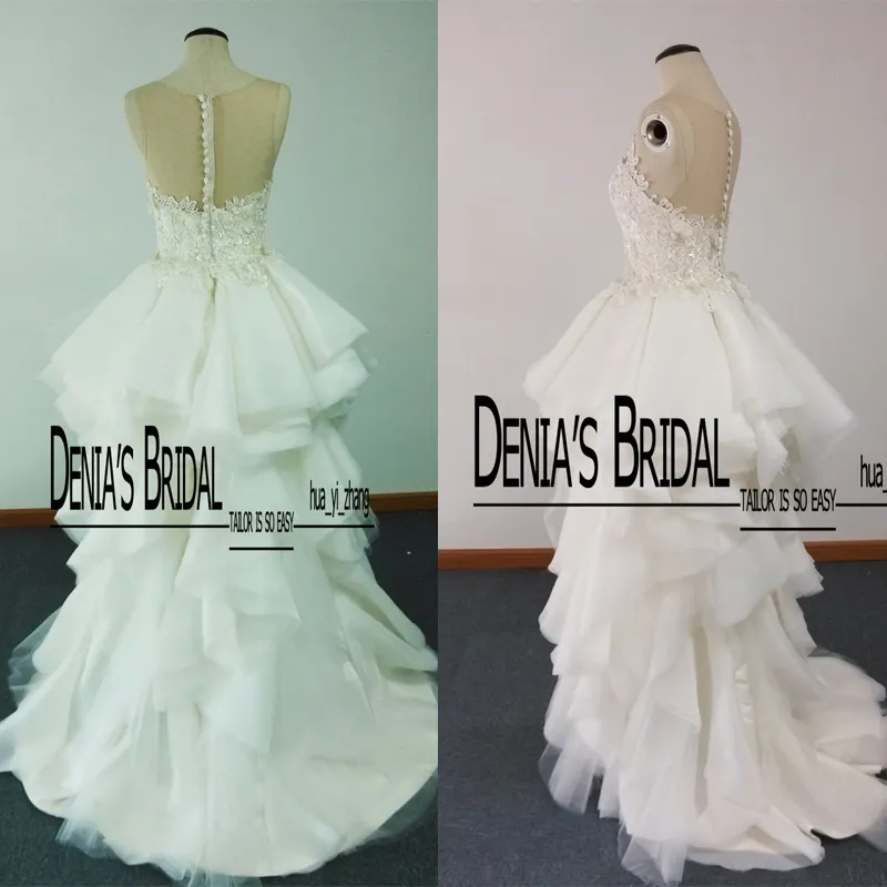 2016 New Real Images A Line Spaghetti Strap Jewel See Through Back Satin Sweep Train Wedding Dresses with Appliques Dhyz 01