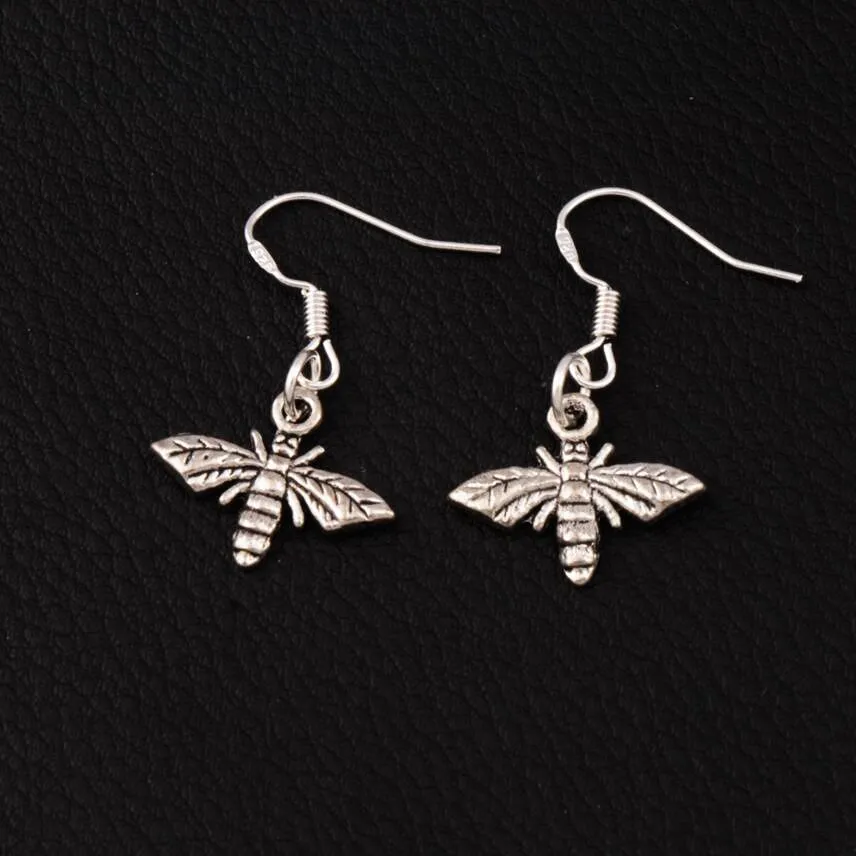 Bee Flying Dangle & Chandelier Earrings 925 Silver Fish Ear Hook 17.2x30.5mm 60pairs/lot E962