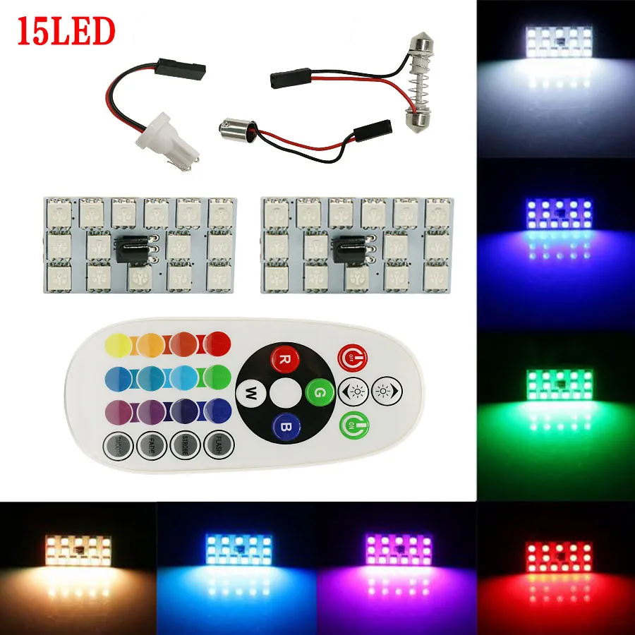 2x Festoon T10 BA9S 16Color RGB LED Panel Car Auto Interior Reading Map Lamp Bulb Light Dome Festoon Remote Control Flash Strobe