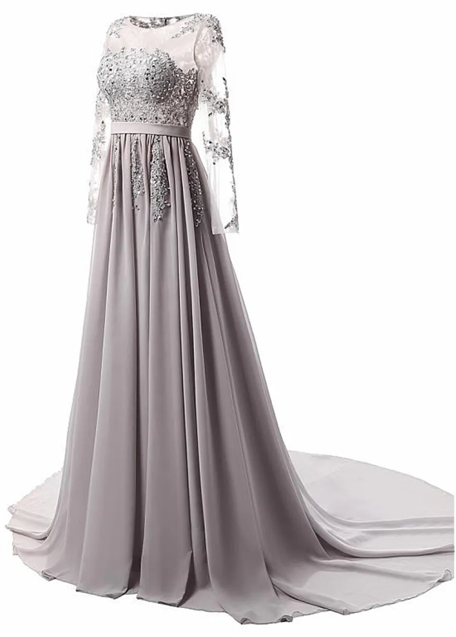 Chiffon Jewel Neckline A-Line Evening Dress with Lace Appliques Grey  Crystals Long Sleeves Prom Dress from Dhgate Prom Dresses - price 115.58