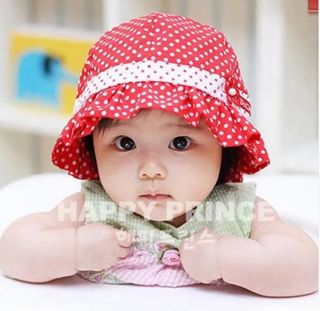 Kids Peuters Baby Meisjes Zonnehoed Polka Dot Bloem Emmer Cap Strik Parel Hoed G593