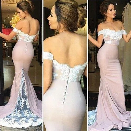 Zarif Pembe Beyaz Mermaid Abiye Sevgiliye Kapalı Omuz Aplikler Dantel Saten Backless Mütevazı Abiye giyim Seksi Gelinlik Modelleri