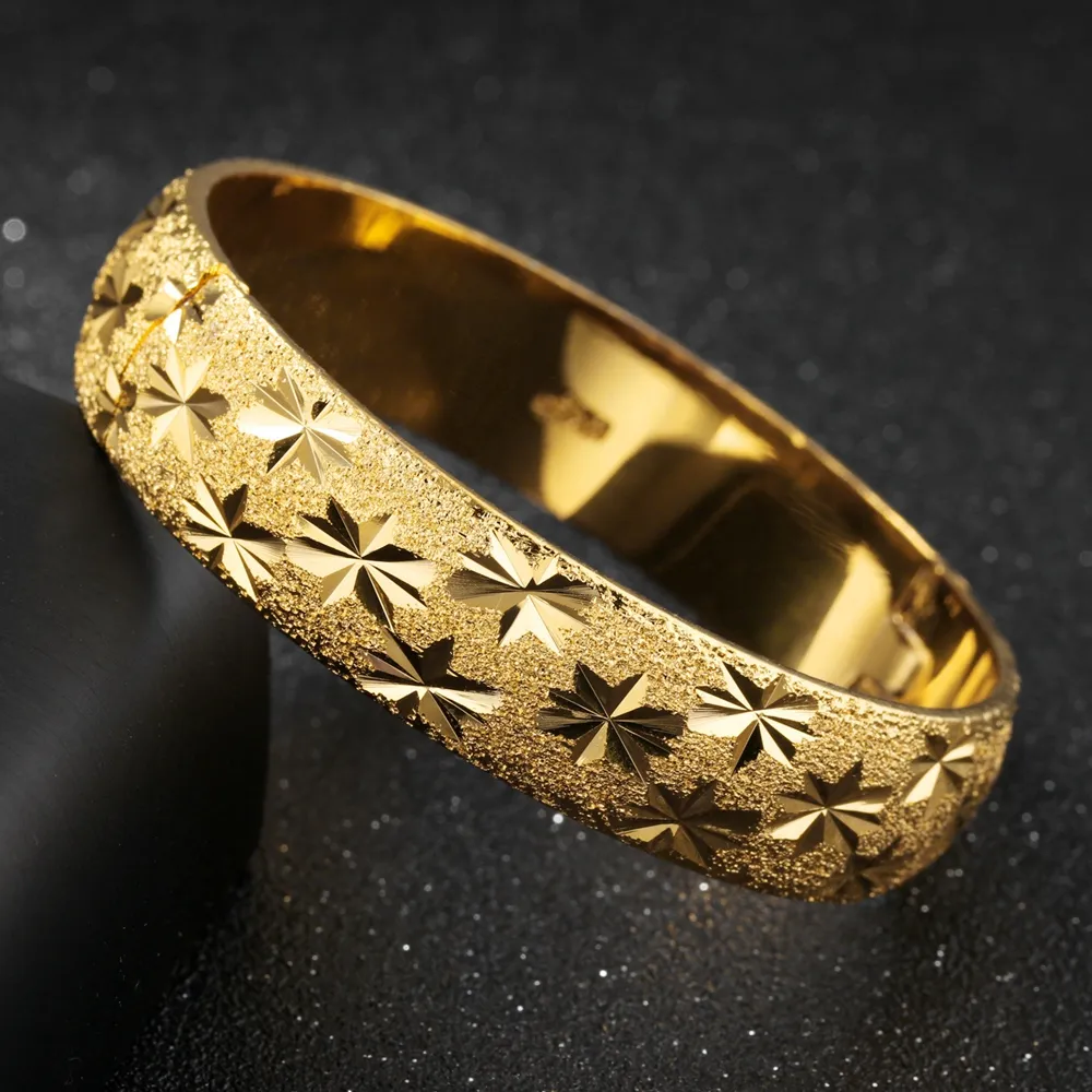 Thick Wedding Bangle 18K Yellow Gold Filled Womens Bangle Bracelet Carved Star Solid Jewelry Diameter 6cm,15mm Wide
