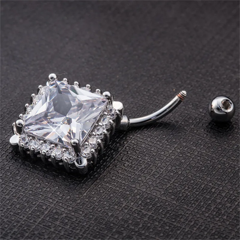 Big Square Diamond Clear Cubic Cyrkonia Chirurgia Piercing Brzuch Body Biżuteria Brzuch Button Pierścienie Medyczne Pępki Ze Stali Nierdzewnej Piercinki