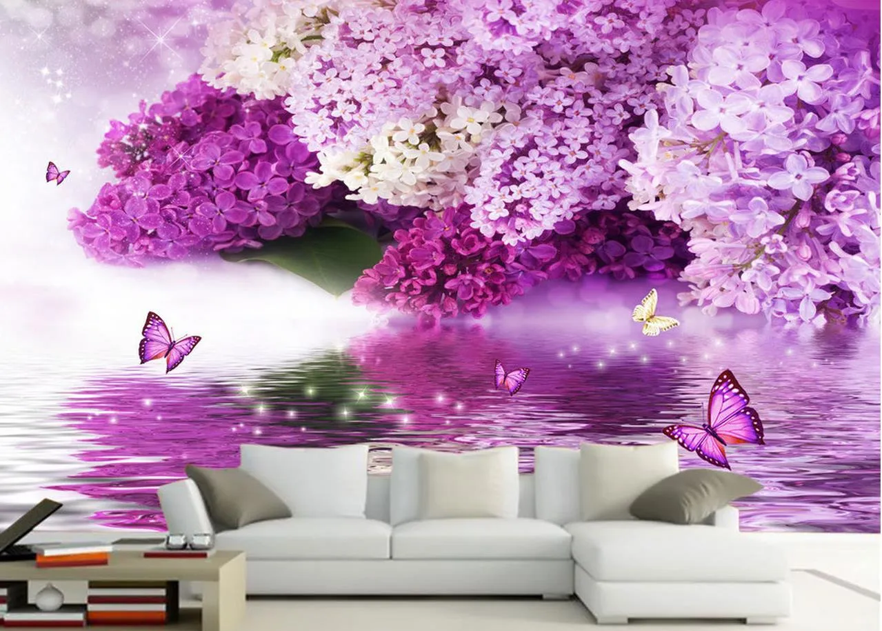 Foto Personalizza dimensioni 3D Classic Home Decor Viola fiore acqua lingua riflessione farfalla sfondo muro