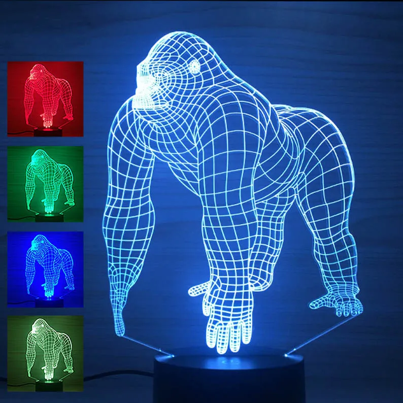 Gorilla luz nocturna fuente de alimentación usb botón estilo siete colores led creativo 3d hogar dormitorio sala de exposiciones pasillo atmósfera