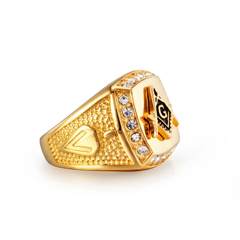 Wysokiej Jakości Ze Stali Nierdzewnej Masonic Band Pierścionki Męskie Gold Crystal Rhinestone Diamond Rowerzysta Ring Dla Mężczyzna Moda Biżuteria Gorąca Sprzedaż