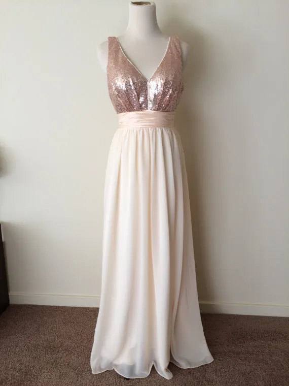 Custom Made A-Line 'Jamie' Style Prom Klänning Med V-Neck Rose Gold Sequin Bodice, Flat Waistband och Chiffon Skirt Party Dress