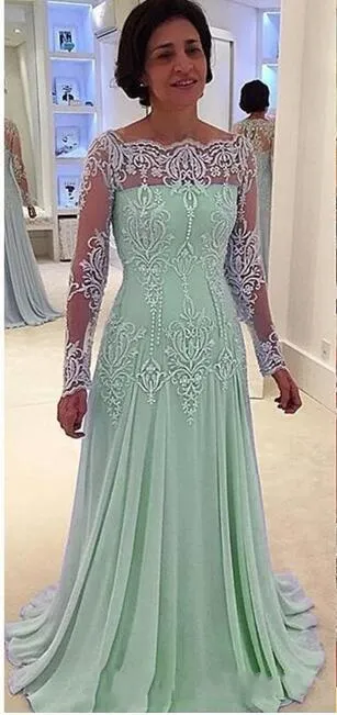 2021 Abiti da sposo la madre della sposa a maniche lunghe trasparenti azzurri leggeri Guaina in chiffon con applicazioni di pizzo Abiti eleganti la madre matrimoni