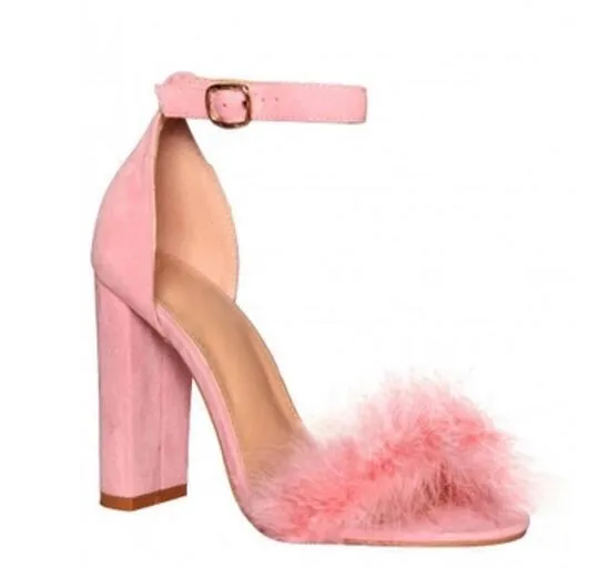 2017 mode vrouwen dikke hak sandalen sexy party schoenen bont hoge hakken roze sandalen trouwschoenen dames