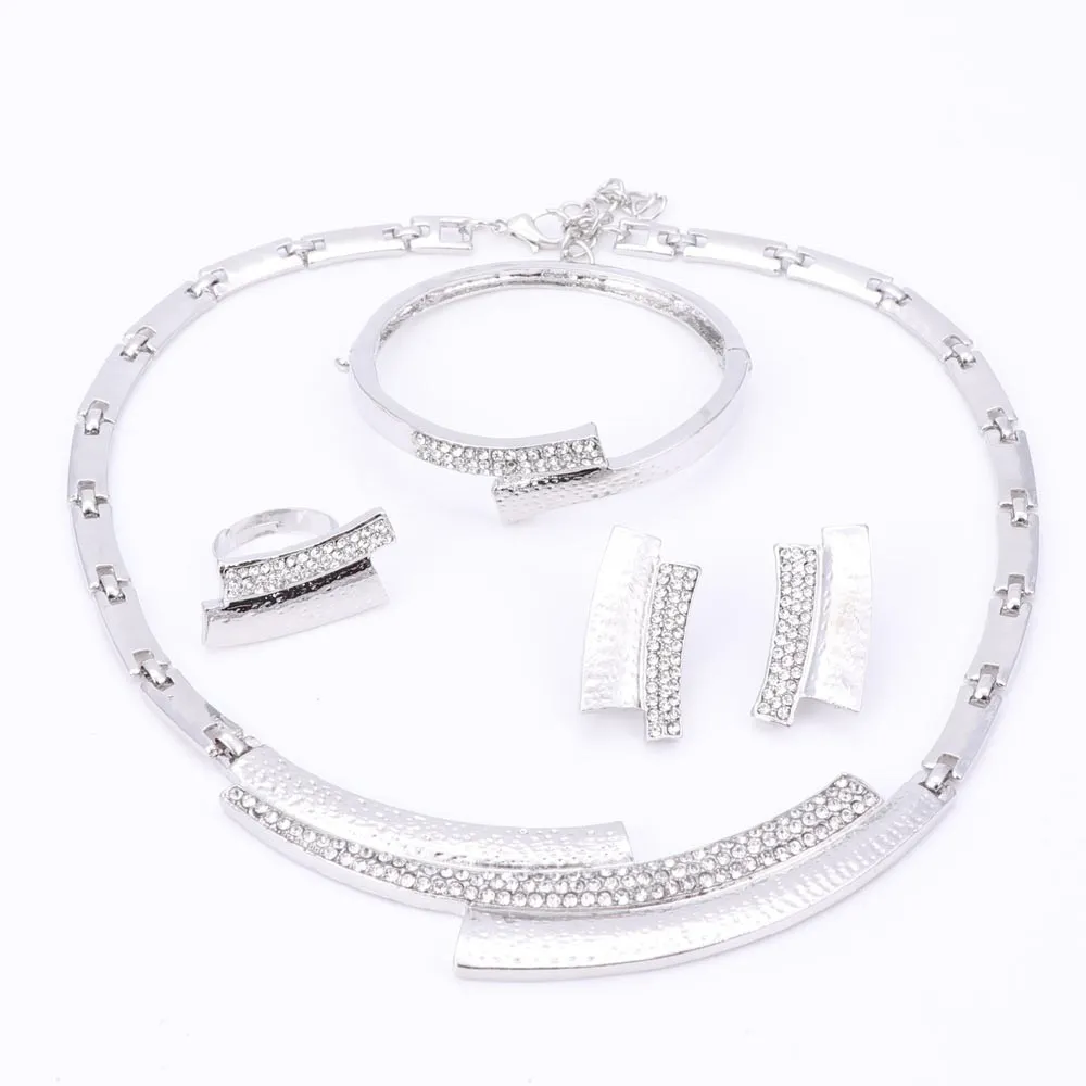 Women Jewelry Choker Necklaces Sets Bangle Rings Platinum Plated Wedding Party Bridal Accessories Set Fashion Crystal Costume