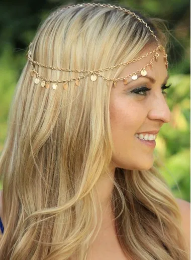 Corrente de cabeça de lantejão multicamada de ouro Forhead Headpiece Meninas / Senhoras Acessórios de Cabelo