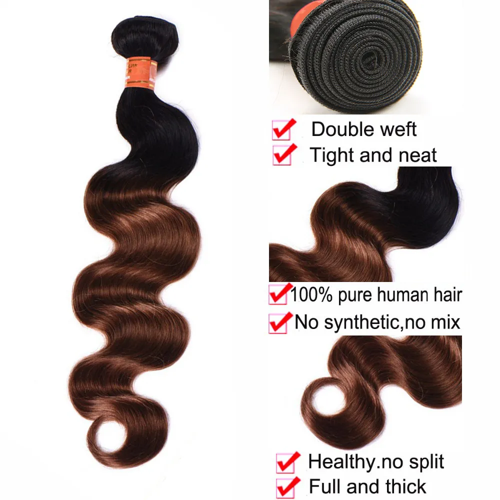 Ny stil brasiliansk ombre kroppsvåg Mänskliga hårbuntar färgade 1b / 30 brasilianska Ombre Auburn Brown Virgin Hair Weave Extensions