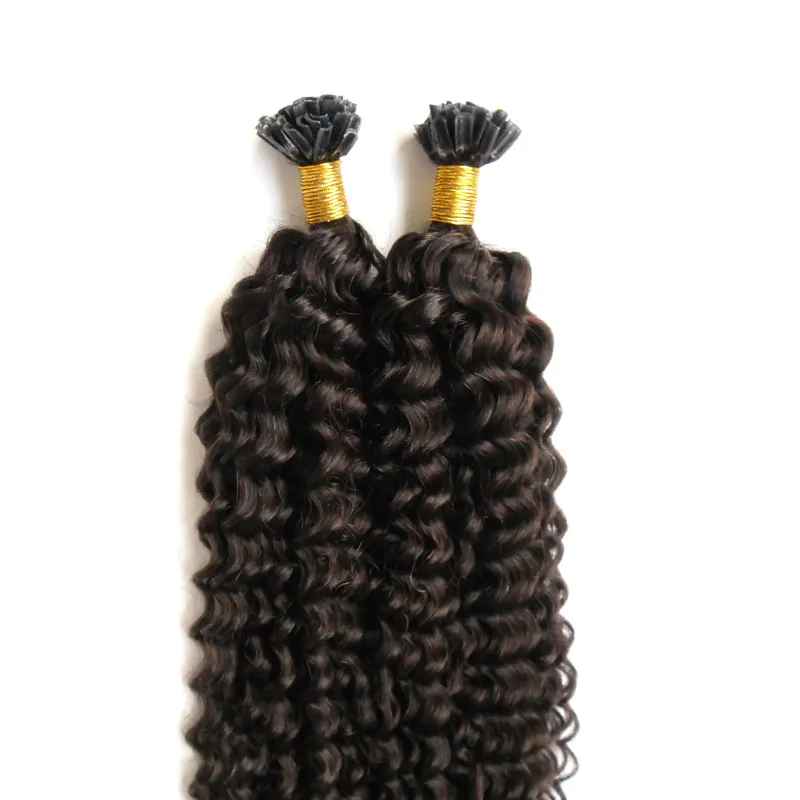 Doğal Renk Brezilya Kinky Kıvırcık Saç Keratin Çubuk Saç Uzantıları 100s Önden Bağlanmış Kıvırcık Keratin Bağ Saç Uzantıları 100G9851912