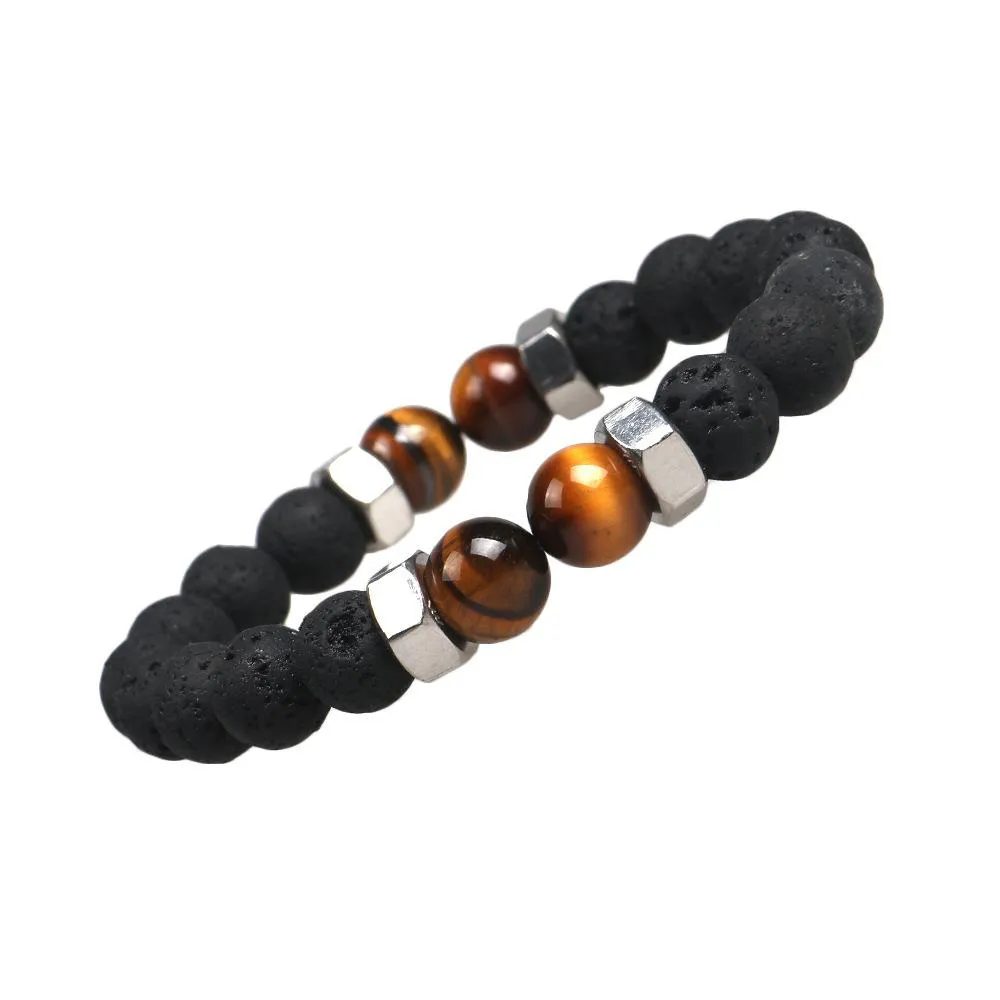 Mode femmes hommes naturel noir pierre de lave Bracelets 10mm mat oeil de tigre pierre perles bouchon à vis Chakra Bracelets