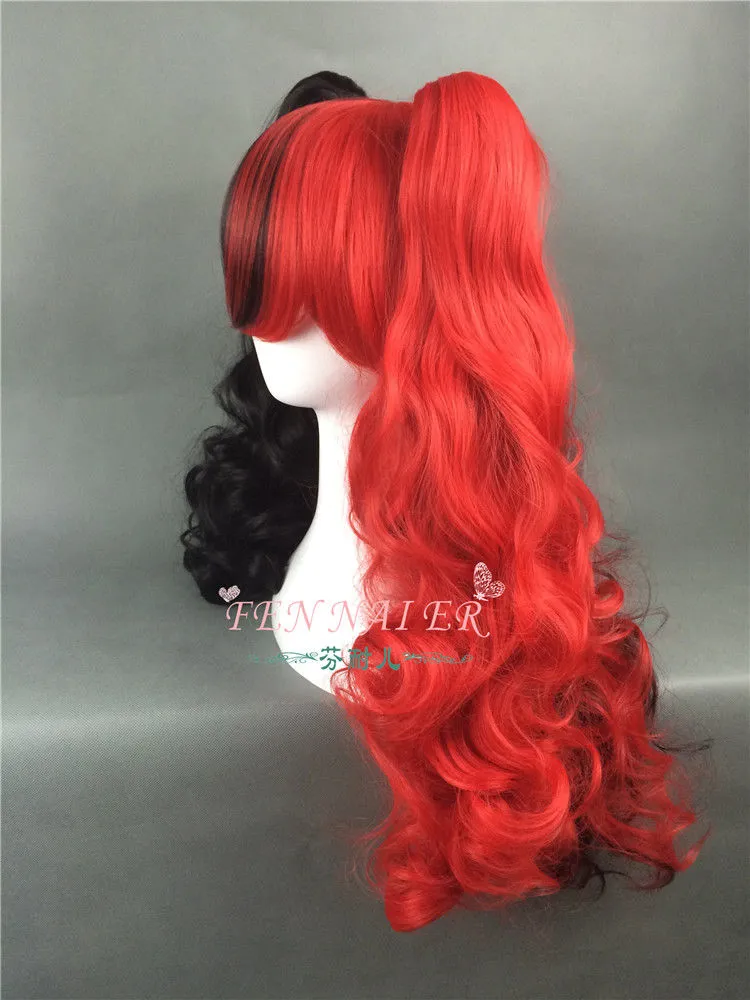 Livraison gratuite nouvelle vente chaude meilleur Harley Quinn noir rouge cheveux ondulés cosplay synthétique longue 2 perruque queue de cheval