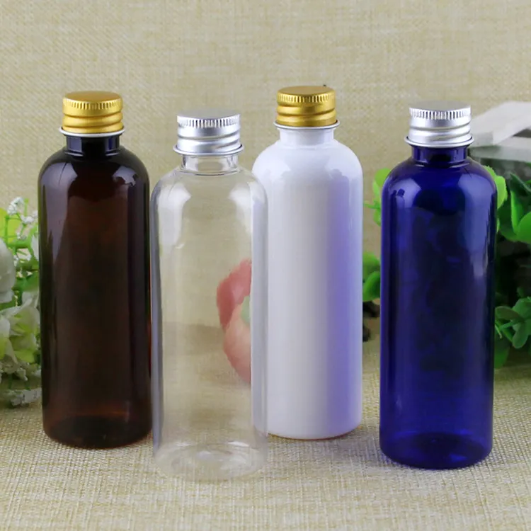 50 pz 100 ml rotondo vuoto di plastica trasparente/bianco/marrone/blu bottiglia con tappo a vite in alluminio oro/argento 100cc contenitore per shampoo