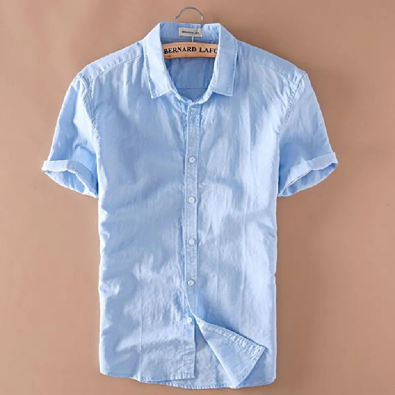 Linen Korean men's summer cotton and linen short sleeve shirt lapel casual youth linen shirt181e