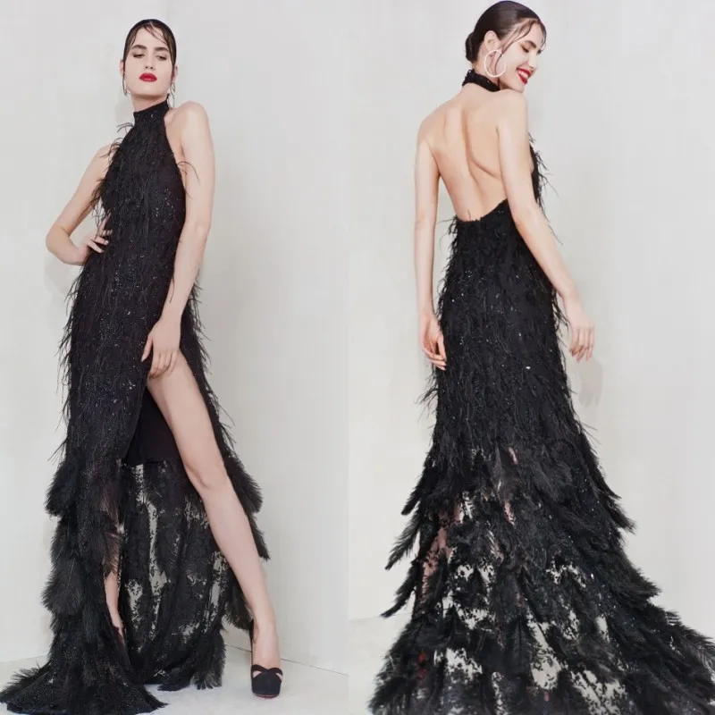 Luksusowy Cristinasavulescu Side Split Feather Black Koktajl Suknie Bez Rękawów Halter Backless Linia Sexy Sweep Train Prom Suknia