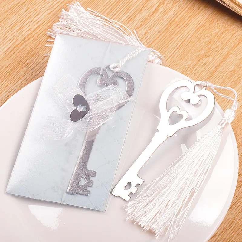Metal "Key to my Heart" Heart-shaped Key Bookmark with White-silk Tassel wedding party Gifts favors WA1849