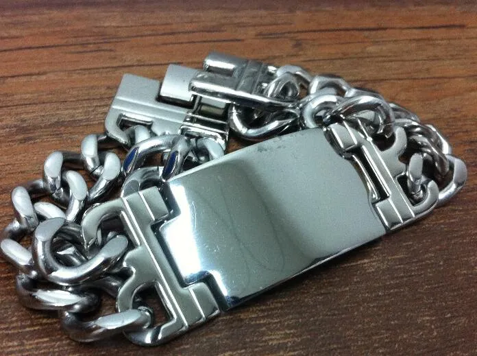 Silberfarbener Biker-Edelstahl, hochglanzpoliert, 2-reihiger Panzerketten-Armreif, glattes ID-Armband für Herren, groß, 22 mm, 22,9 cm