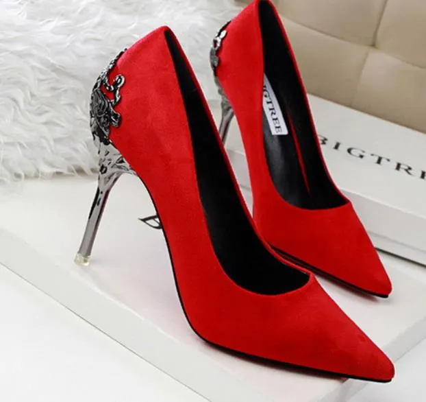 Womens high-heeled Suede Shoes pumps carved metal heel pointed Wedding Shoes drop lady christmas gift shipping