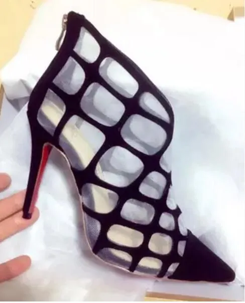2017 Ryba Net Women Boots Suede Skórzane Buty Kobieta Party Buty Cienkie Obcasy Mujer Botas Lady Cuts Out Botki Fretwork High Heel Botki