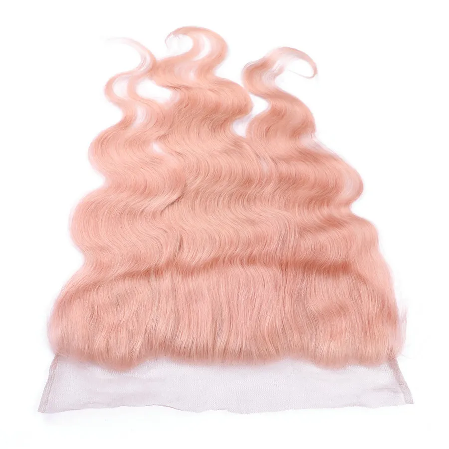 Fasci di capelli umani in oro rosa con chiusura frontale in pizzo Trame di capelli ondulati rosa con chiusura frontale in pizzo Tesse di capelli umani rosa