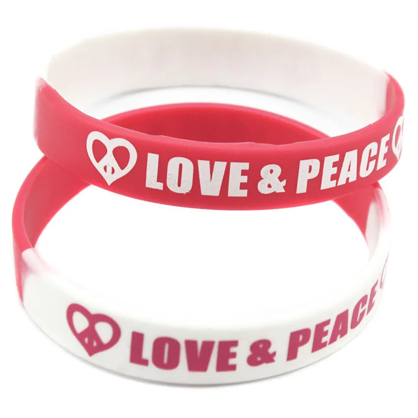 100 Stück Liebe und Frieden Silikonkautschuk-Armband, bedrucktes Logo, Hip-Hop-Stil, segmentierte Farbe, einfache Dekoration