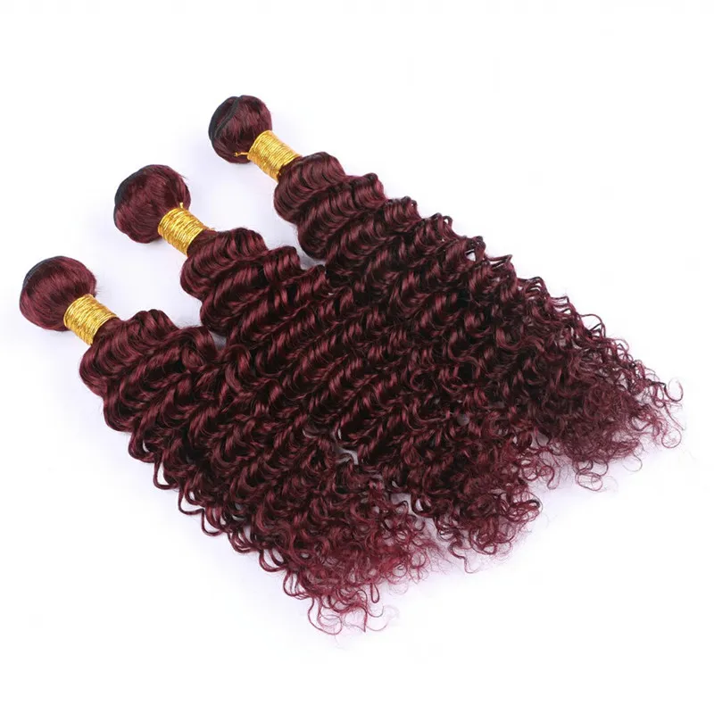 Deep Wave Wine Red Virgin Human Hair 3Bundles with Lace Frontal Closure #99J Burgundy 13x4 Full Lace Frontal with Weaves