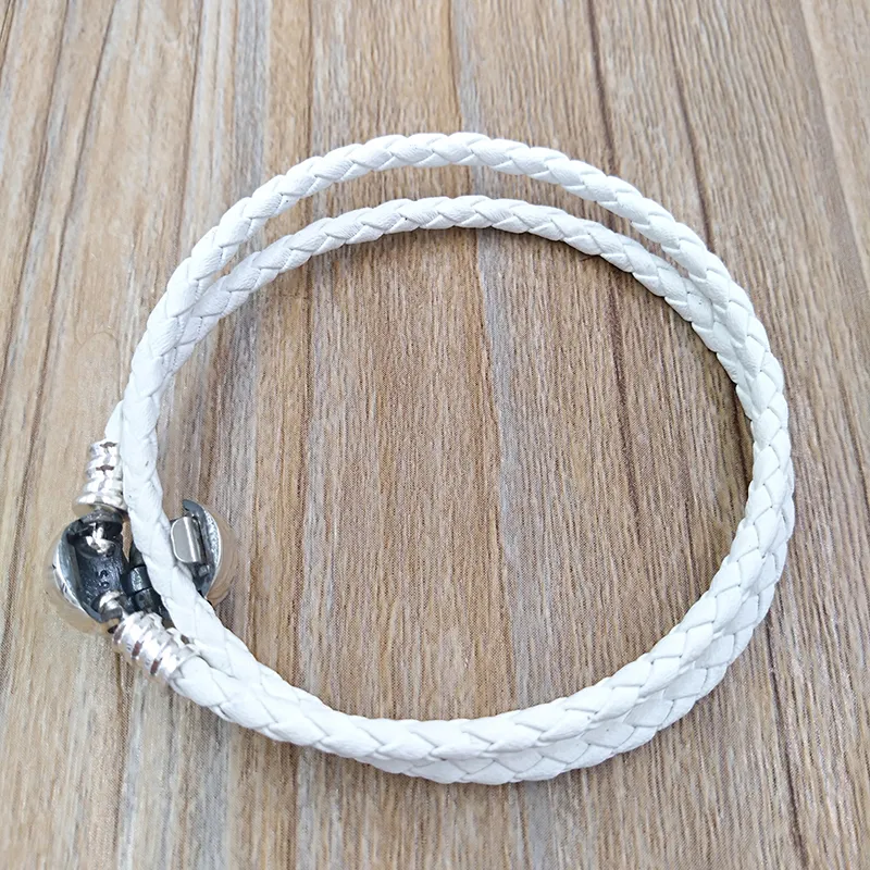 Bracciale con ciondoli in doppia pelle intrecciata bianco avorio Autentico argento 925 Adatto per gioielli stile Pandora europeo Charms Perline Gioielli fatti a mano Andy 590745CIW-D