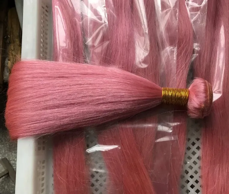 ブラジルの体の波ストレートヘアウィーズ二重Wefts 100g / Pcピンク色は、ヒトレミーヘアエクステンションを染色することができます