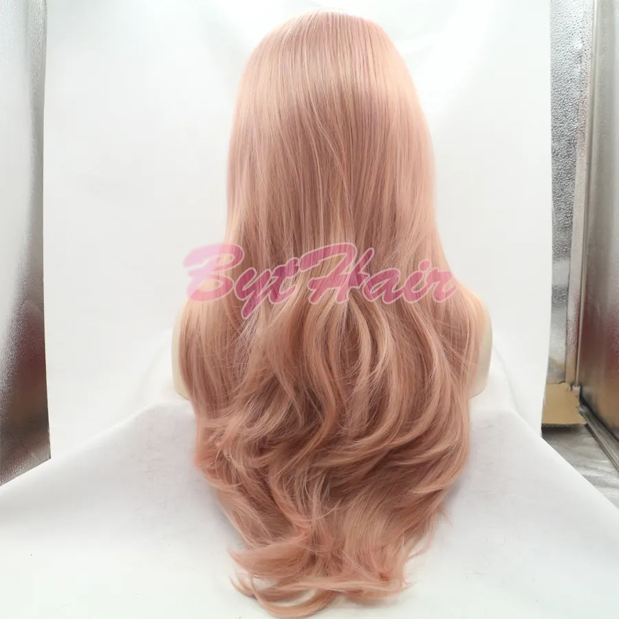 Bythair fibra resistente al calor sin pegamento línea de cabello Natural cuerpo ondulado pelucas completamente para mujeres peluca con malla frontal sintética rosa mezclada