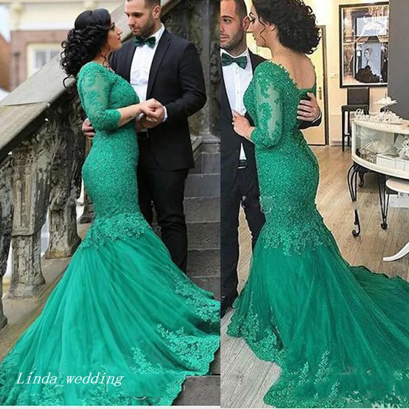 New Arrival Green Colour Evening Dress Arabic Dubai Mermaid V Neck Floor Length Long Sleeves Mother's Dress Party Gown Plus Size