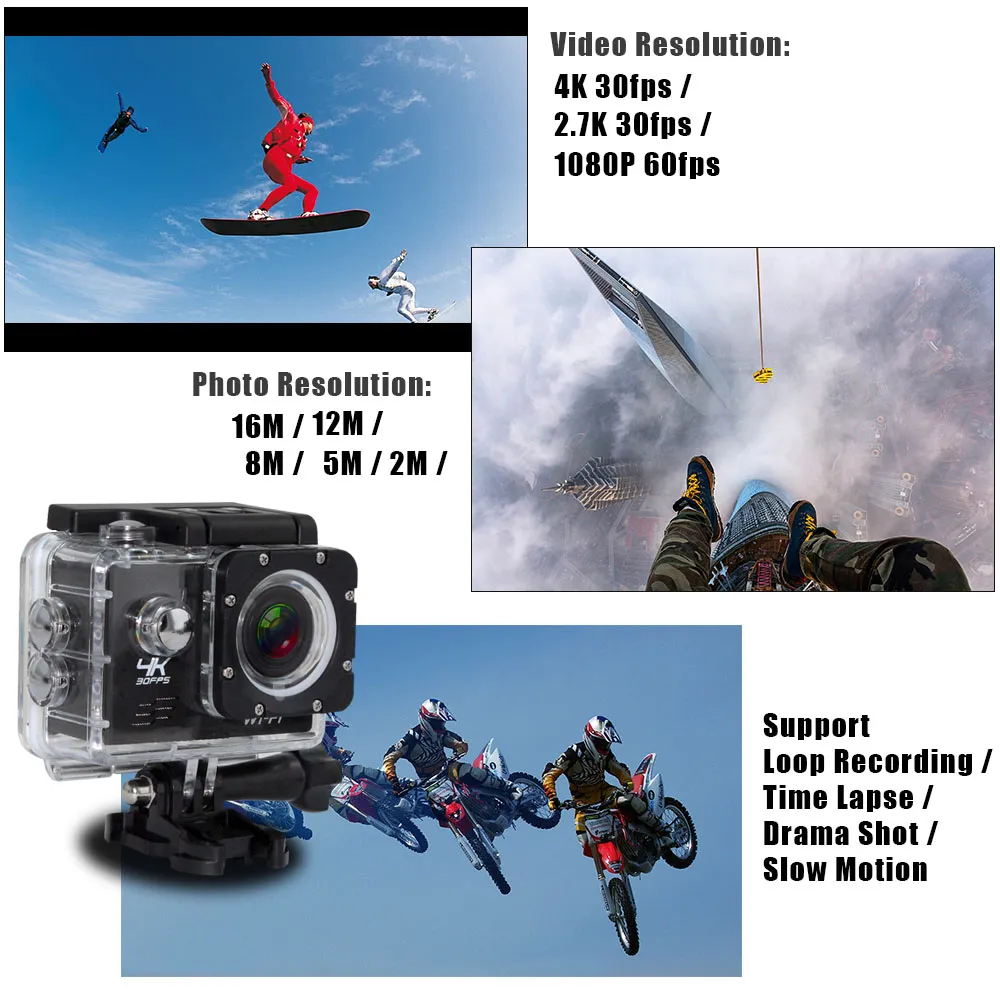 4K Camera 2" LCD Screen Wifi Action 4X Zoom 16MP Sport Waterproof 30M with Remote Control