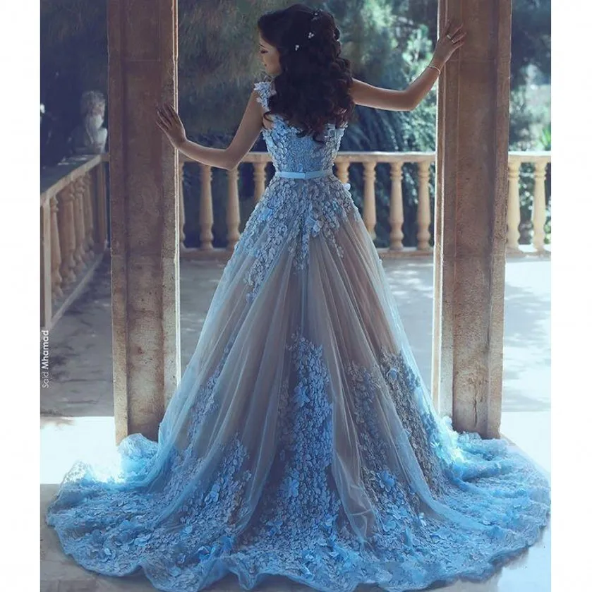 Sky Blue 3D Flower Arabic Women Prom -klänningar med midjan Sash Formell 2017 Evening Party Dress Long Tulle Jewel Neck Vestido de Fest285w