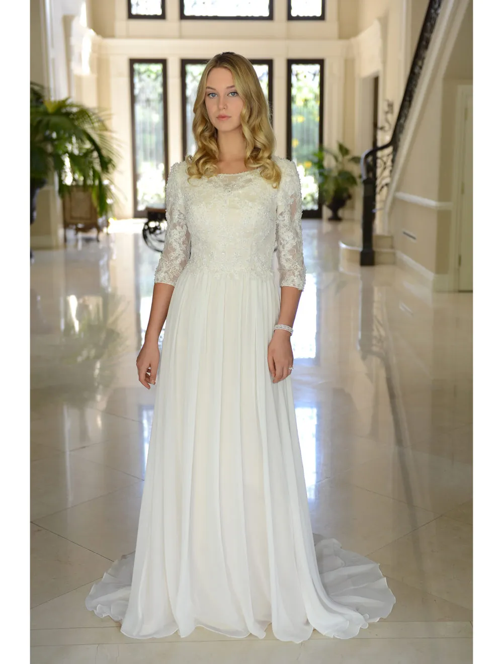 A 라인 시폰 Boho 겸손 웨딩 드레스와 슬리브 페르시 버튼 백 레이스 국가 리셉션 신부 드레스 Couture Custom Made