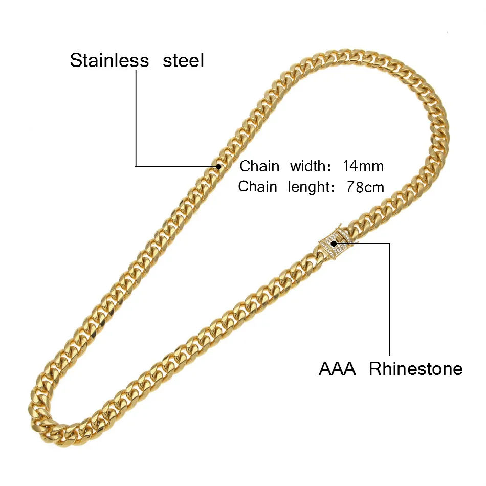 14 мм мужские кубинские Miami Link ожерелье из нержавеющей стали горный хрусталь застежкой со льдом из золотом серебряный хип-хоп цепь ожерелье